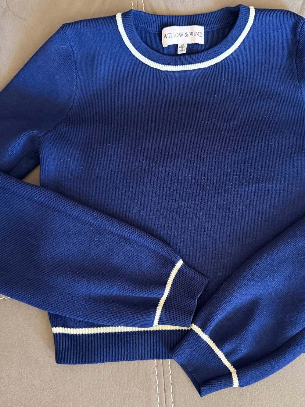 Willow & Wind Blue Ribbed Knit Crewneck Sweater with White Trim Old Money Preppy